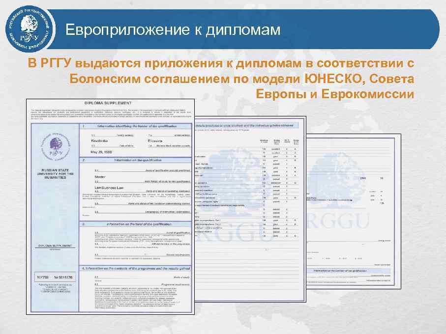 Европриложение к дипломам В РГГУ выдаются приложения к дипломам в соответствии с Болонским соглашением