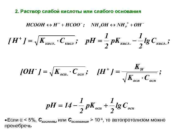 2. Раствор слабой кислоты или слабого основания Если α < 5%, Скислоты или Соснования