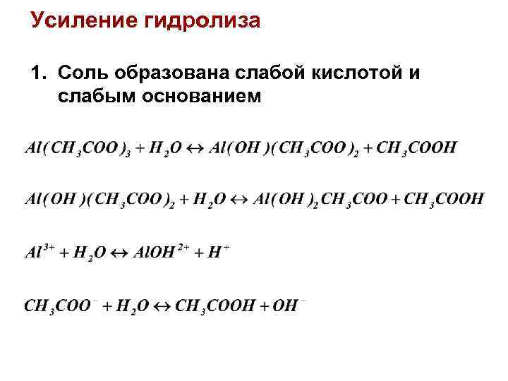 Усиление гидролиза 1. Соль образована слабой кислотой и слабым основанием 