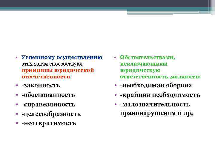  • Успешному осуществлению этих задач способствуют принципы юридической ответственности: • Обстоятельствами, исключающими юридическую