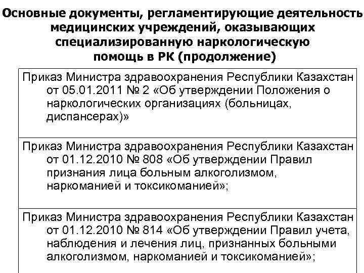 Основные документы, регламентирующие деятельность медицинских учреждений, оказывающих специализированную наркологическую помощь в РК (продолжение) Приказ