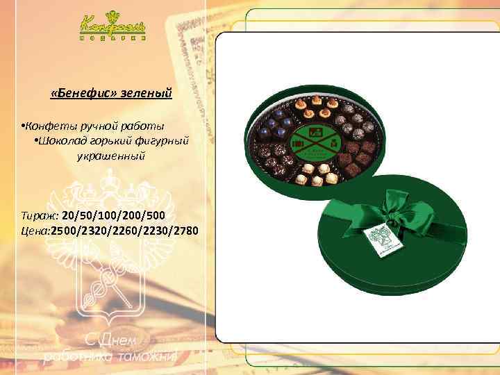 …. . Текст …. . «Бенефис» зеленый • Конфеты ручной работы • Шоколад горький