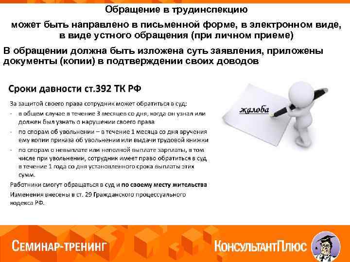Обращение в трудинспекцию может быть направлено в письменной форме, в электронном виде, в виде