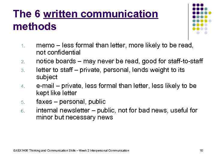 The 6 written communication methods 1. 2. 3. 4. 5. 6. memo – less
