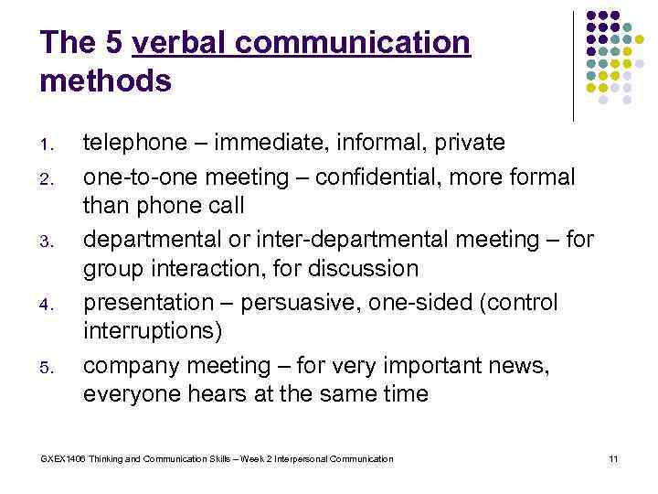 The 5 verbal communication methods 1. 2. 3. 4. 5. telephone – immediate, informal,