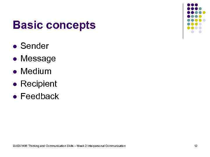 Basic concepts l l l Sender Message Medium Recipient Feedback GXEX 1406 Thinking and