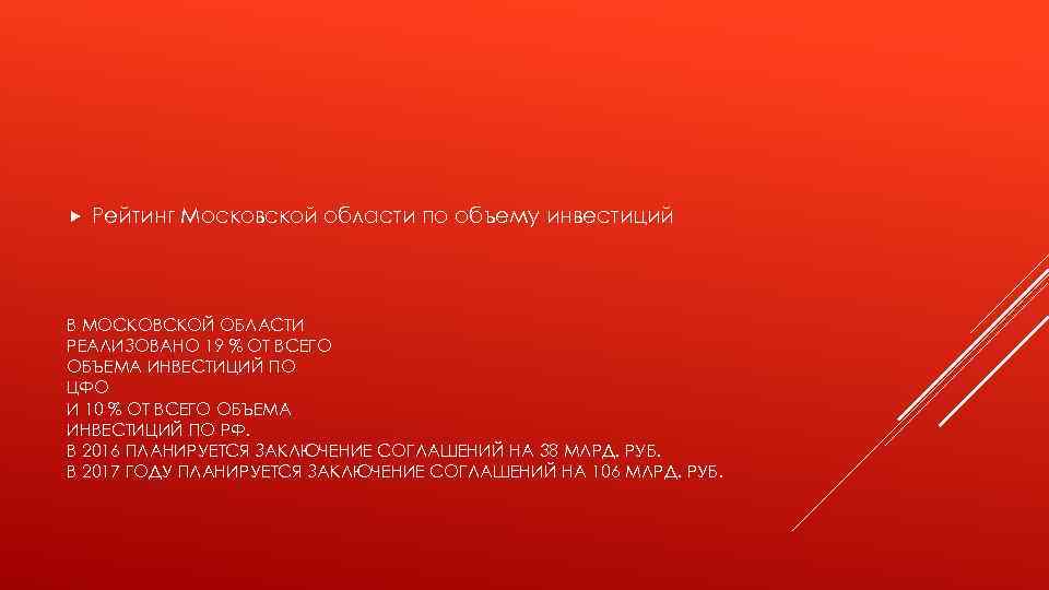  Рейтинг Московской области по объему инвестиций В МОСКОВСКОЙ ОБЛАСТИ РЕАЛИЗОВАНО 19 % ОТ