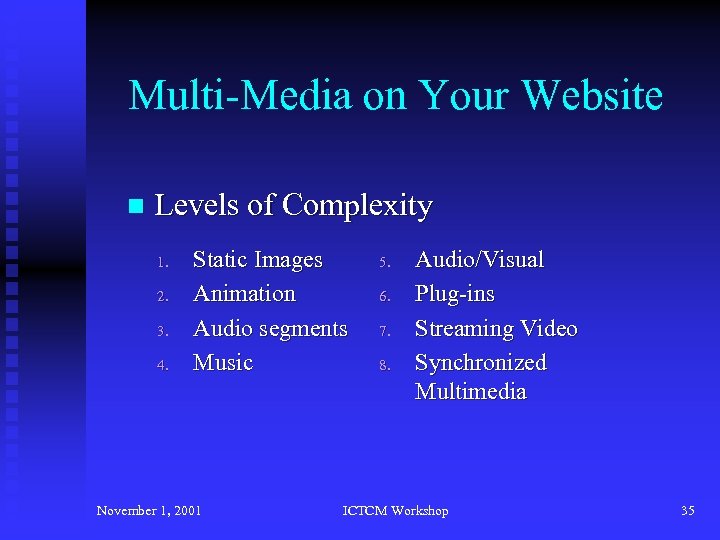 Multi-Media on Your Website n Levels of Complexity 1. 2. 3. 4. Static Images