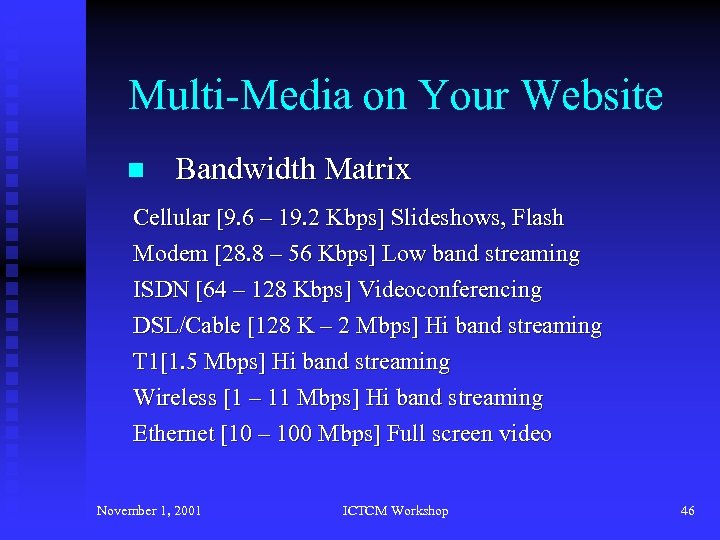Multi-Media on Your Website n Bandwidth Matrix Cellular [9. 6 – 19. 2 Kbps]