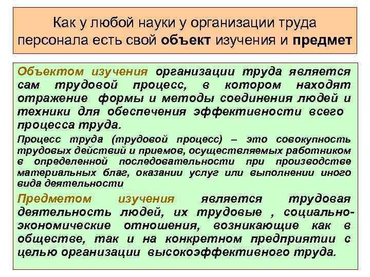 Как у любой науки у организации труда персонала есть свой объект изучения и предмет