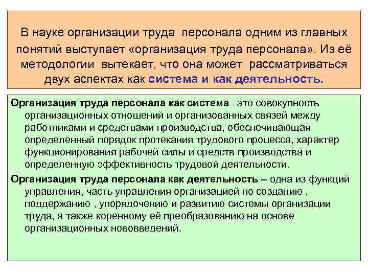 В науке организации труда персонала одним из главных понятий выступает «организация труда персонала» .