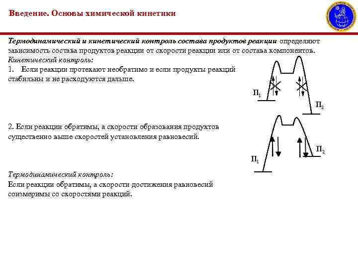 Введение. Основы химической кинетики Термодинамический и кинетический контроль состава продуктов реакции определяют зависимость состава