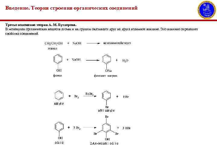 Введение. Теория строения органических соединений Третье положение теории А. М. Бутлерова. В молекулах органических