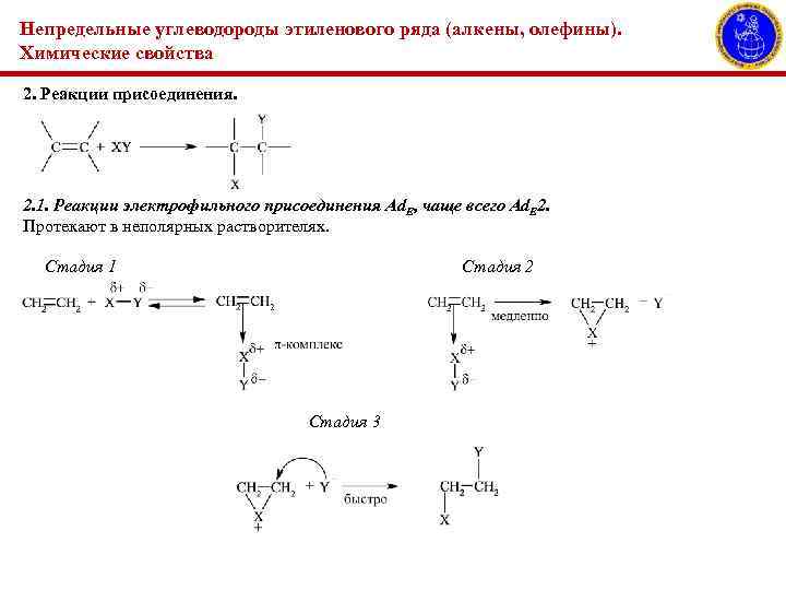 Непредельные углеводороды этиленового ряда (алкены, олефины). Химические свойства 2. Реакции присоединения. 2. 1. Реакции