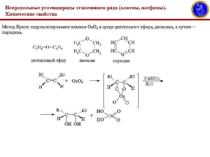 Непредельные углеводороды этиленового ряда (алкены, олефины). Химические свойства Метод Криге: гидроксилирование алкенов Os. O