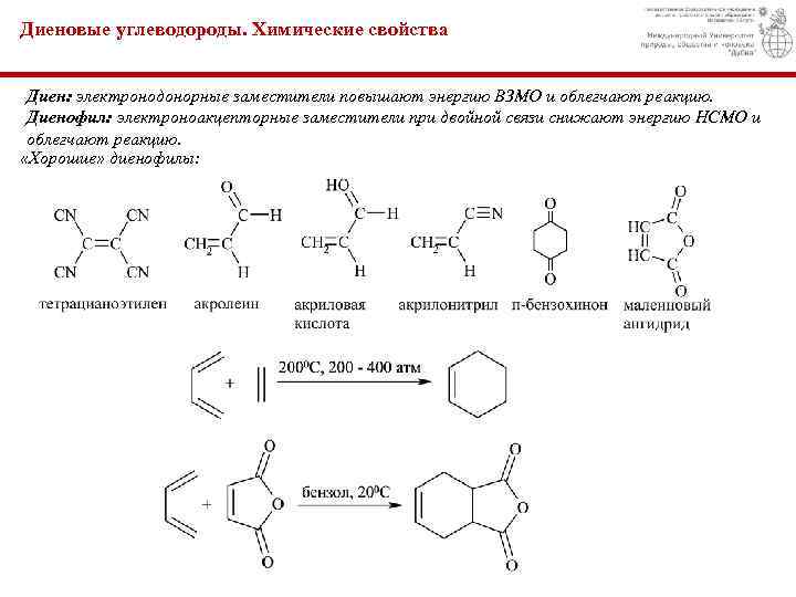 Диеновые углеводороды. Химические свойства Диен: электронодонорные заместители повышают энергию ВЗМО и облегчают реакцию. Диенофил: