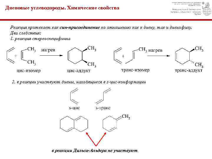 Диеновые углеводороды. Химические свойства Реакция протекает как син-присоединение по отношению как к диену, так
