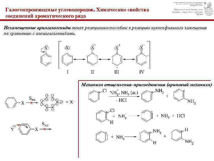 Галогенпроизводные углеводородов. Химические свойства соединений ароматического ряда Незамещенные арилгалогениды менее реакционноспособны в реакциях нуклеофильного