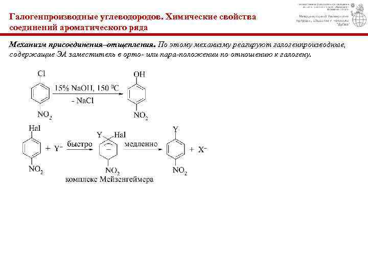 Галогенпроизводные углеводородов. Химические свойства соединений ароматического ряда Механизм присоединения–отщепления. По этому механизму реагируют галогенпроизводные,