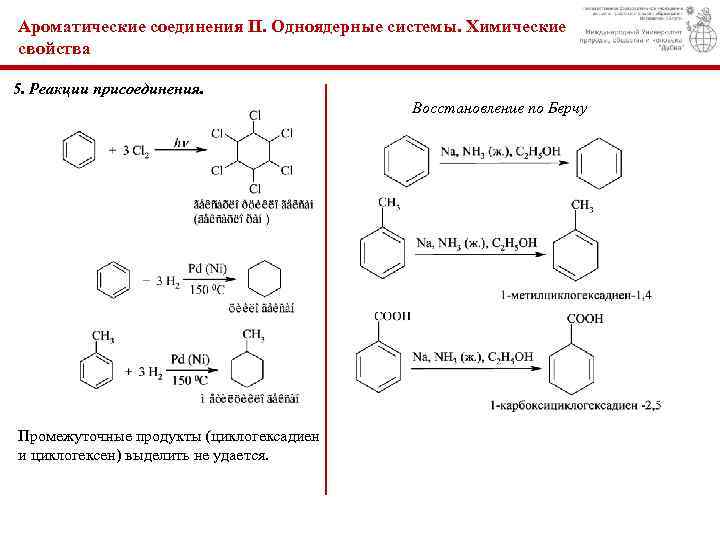 Ароматические соединения II. Одноядерные системы. Химические свойства 5. Реакции присоединения. Восстановление по Берчу Промежуточные