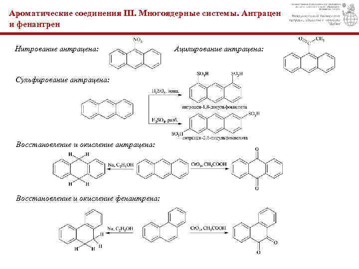 Ароматические соединения III. Многоядерные системы. Антрацен и фенантрен Нитрование антрацена: Сульфирование антрацена: Восстановление и