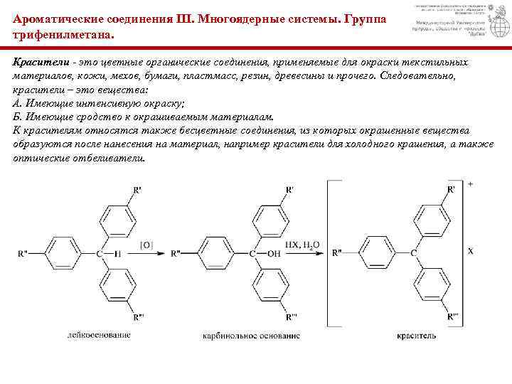 Ароматические соединения III. Многоядерные системы. Группа трифенилметана. Красители - это цветные органические соединения, применяемые