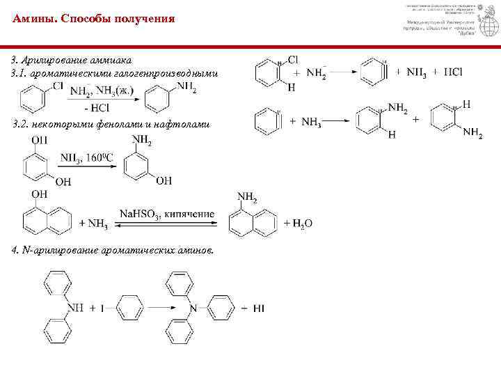 Амины. Способы получения 3. Арилирование аммиака 3. 1. ароматическими галогенпроизводными 3. 2. некоторыми фенолами
