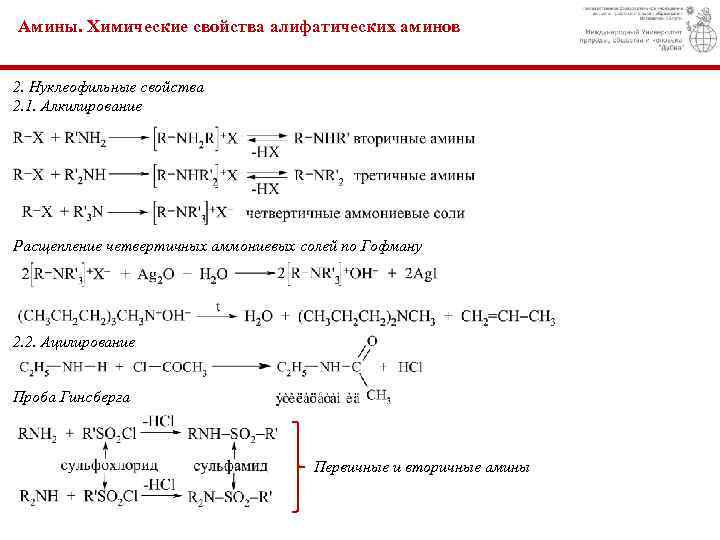 Амины. Химические свойства алифатических аминов 2. Нуклеофильные свойства 2. 1. Алкилирование Расщепление четвертичных аммониевых