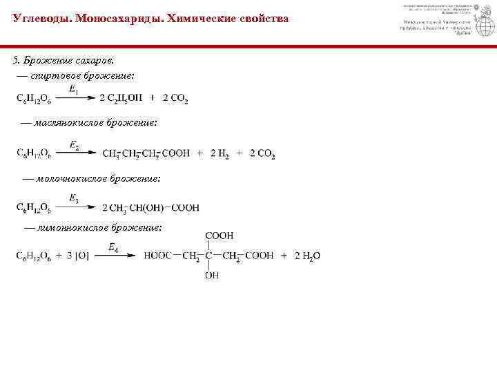 Углеводы. Моносахариды. Химические свойства 5. Брожение сахаров. — спиртовое брожение: — маслянокислое брожение: —