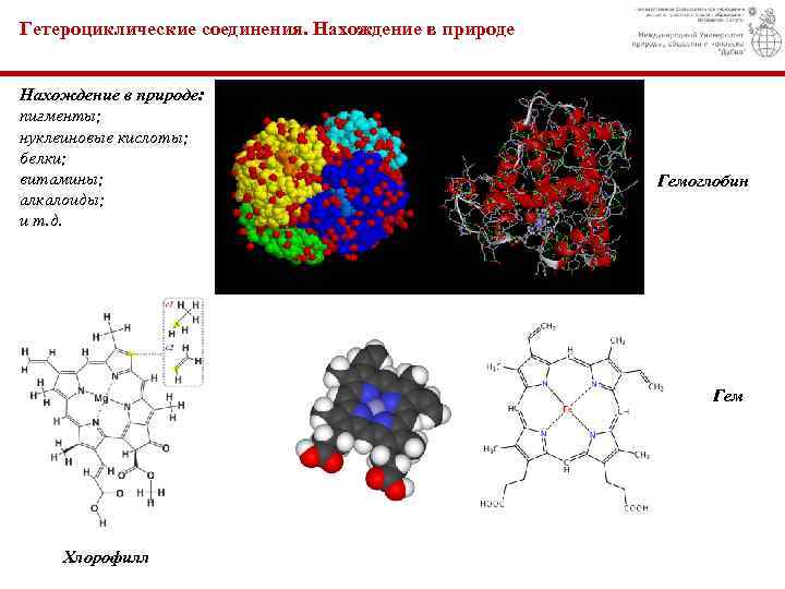 Гетероциклические соединения. Нахождение в природе: пигменты; нуклеиновые кислоты; белки; витамины; алкалоиды; и т. д.