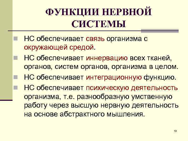 ФУНКЦИИ НЕРВНОЙ СИСТЕМЫ n НС обеспечивает связь организма с окружающей средой. n НС обеспечивает