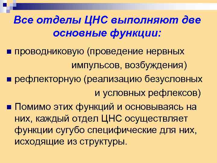 Все отделы ЦНС выполняют две основные функции: проводниковую (проведение нервных импульсов, возбуждения) n рефлекторную