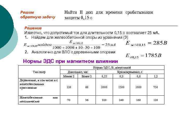 Решим обратную задачу Найти Е доп для времени срабатывания защиты 0, 15 с Решение