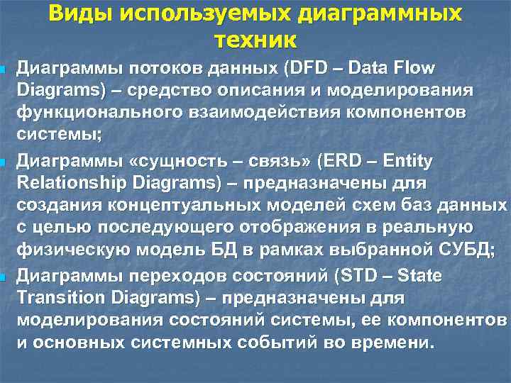 n n n Виды используемых диаграммных техник Диаграммы потоков данных (DFD – Data Flow