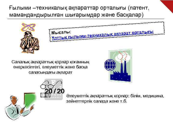 Ғылыми –техникалық ақпараттар орталығы (патент, мамандандырылған шығарымдар және басқалар) орталығы Мысалы: икалық ақпарат -техн