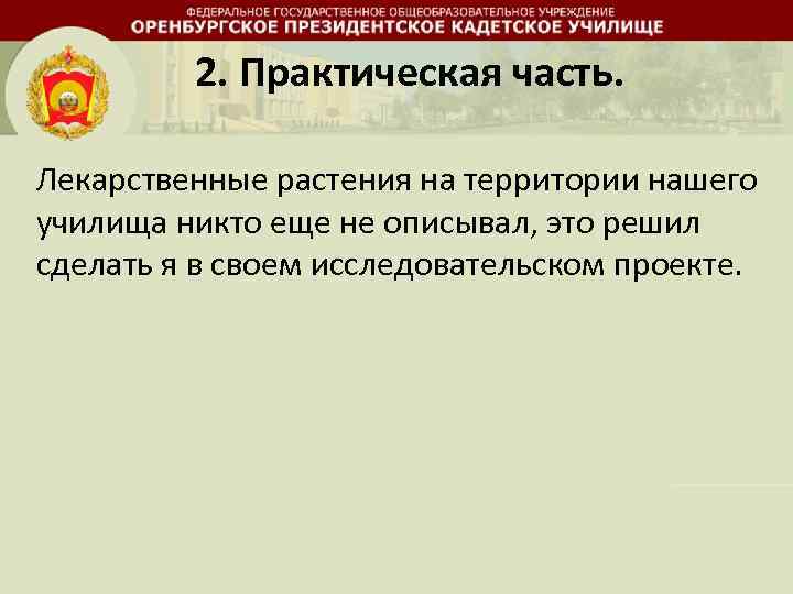2. Практическая часть. Лекарственные растения на территории нашего училища никто еще не описывал, это