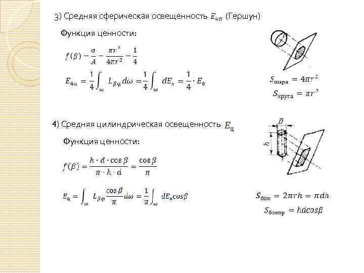 3) Средняя сферическая освещенность Функция ценности: 4) Средняя цилиндрическая освещенность Функция ценности: (Гершун) 