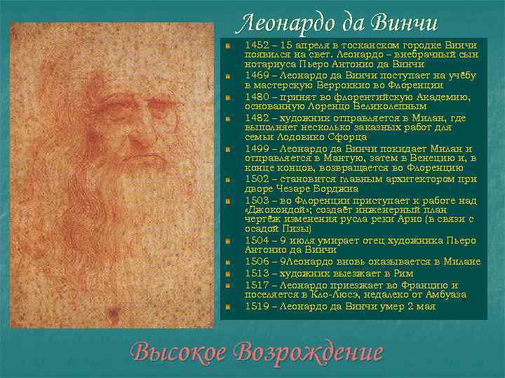 Леонардо да Винчи 1452 – 15 апреля в тосканском городке Винчи появился на свет.