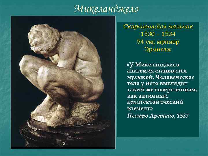 Микеланджело Скорчившийся мальчик 1530 – 1534 54 см; мрамор Эрмитаж «У Микеланджело анатомия становится