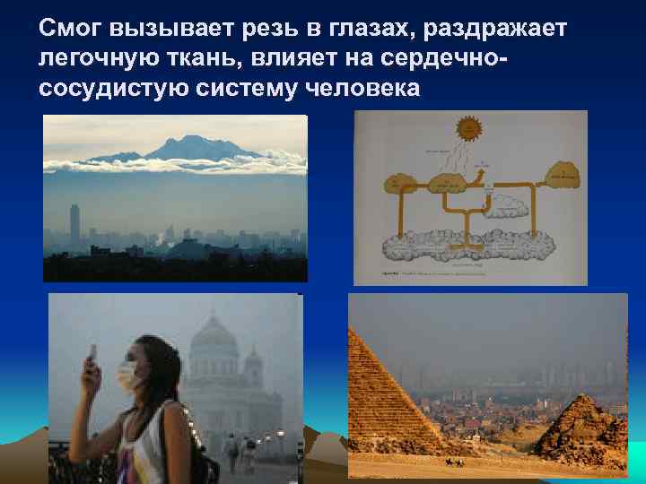 Смог вызывает резь в глазах, раздражает легочную ткань, влияет на сердечнососудистую систему человека 