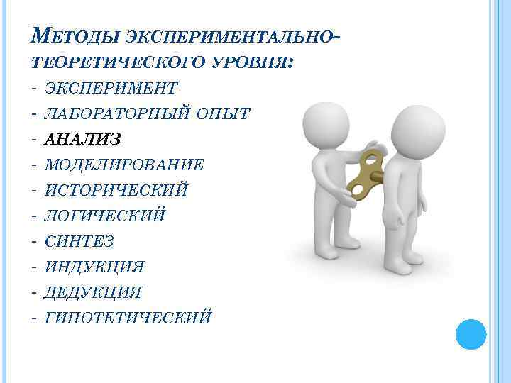 МЕТОДЫ ЭКСПЕРИМЕНТАЛЬНОТЕОРЕТИЧЕСКОГО УРОВНЯ: - ЭКСПЕРИМЕНТ - ЛАБОРАТОРНЫЙ ОПЫТ - АНАЛИЗ - МОДЕЛИРОВАНИЕ - ИСТОРИЧЕСКИЙ