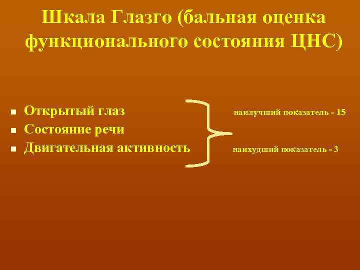 Шкала Глазго (бальная оценка функционального состояния ЦНС) n n n Открытый глаз Состояние речи