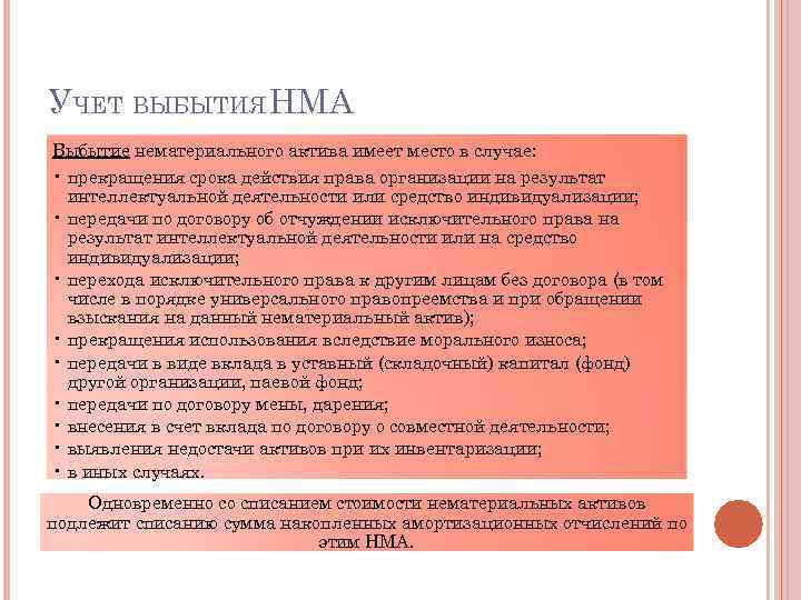 УЧЕТ ВЫБЫТИЯ НМА Выбытие нематериального актива имеет место в случае: • прекращения срока действия