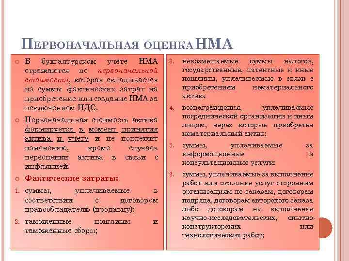 ПЕРВОНАЧАЛЬНАЯ ОЦЕНКА НМА В бухгалтерском учете НМА отражаются по первоначальной стоимости, которая складывается из