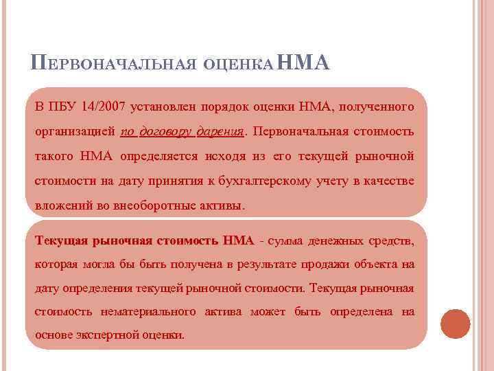 ПЕРВОНАЧАЛЬНАЯ ОЦЕНКА НМА В ПБУ 14/2007 установлен порядок оценки НМА, полученного организацией по договору