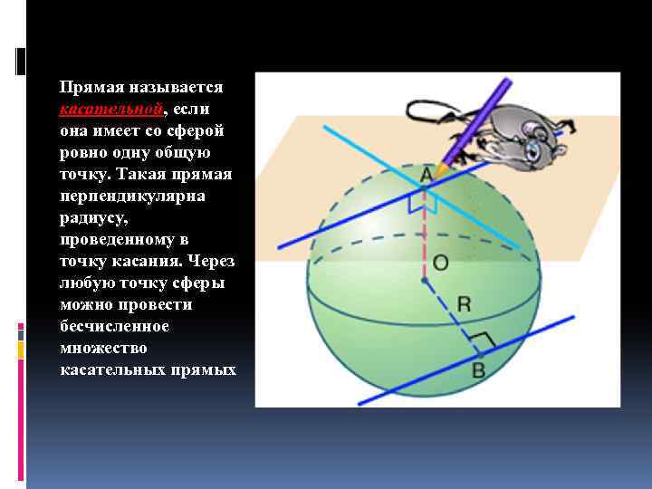 Прямая называется касательной, если она имеет со сферой ровно одну общую точку. Такая прямая