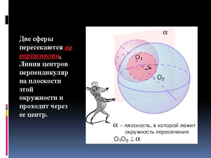 Две сферы пересекаются по окружности. Линия центров перпендикуляр на плоскости этой окружности и проходит