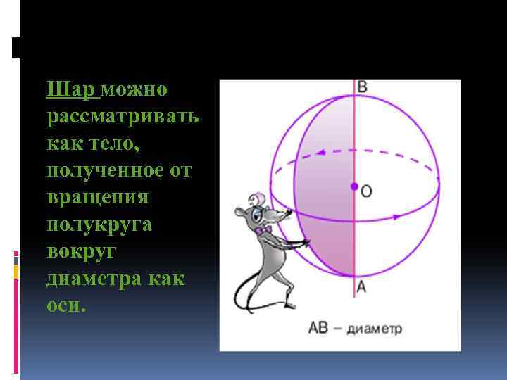 Шар можно рассматривать как тело, полученное от вращения полукруга вокруг диаметра как оси. 