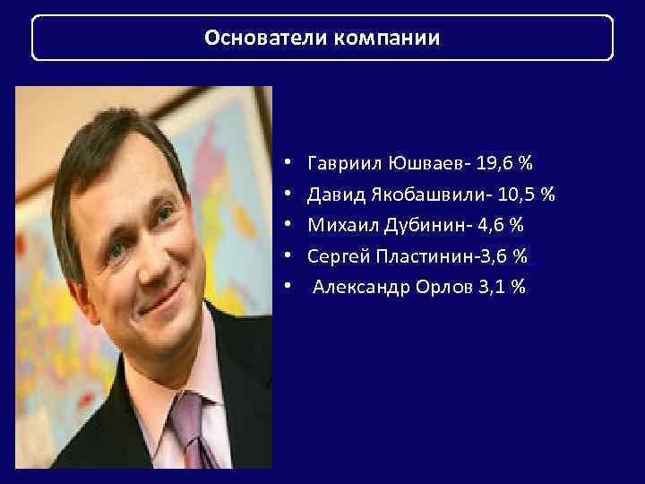 Основатели компании • • • Гавриил Юшваев- 19, 6 % Давид Якобашвили- 10, 5