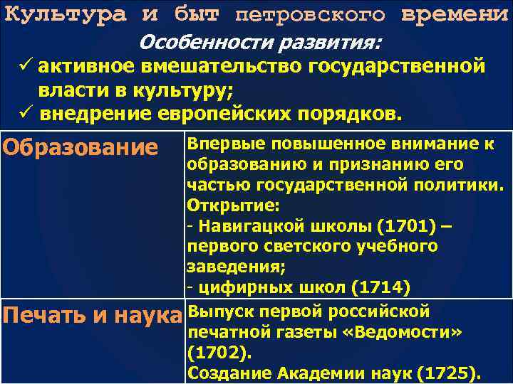 Культура и быт петровского времени Особенности развития: ü активное вмешательство государственной власти в культуру;